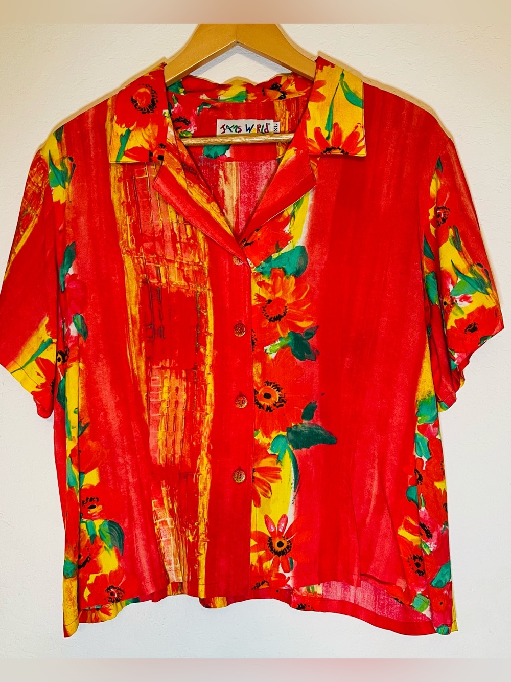 Jams World SZXL Vibrant Orange Colorful Tropical Hawaiian Beachy Tiki Shirt